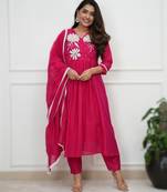 pink roman fabric handwork kurti set with pant & dupatta