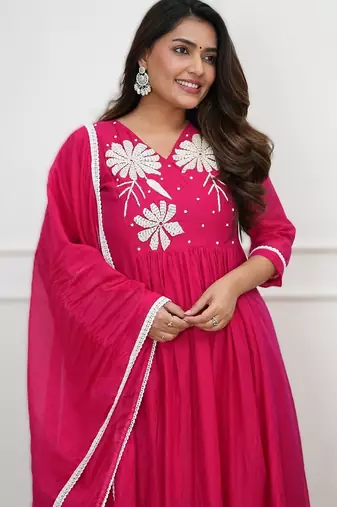 pink roman fabric handwork kurti set with pant & dupatta