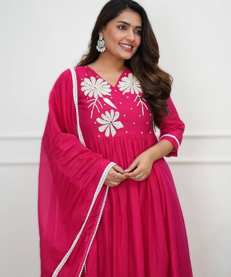 pink roman fabric handwork kurti set with pant & dupatta