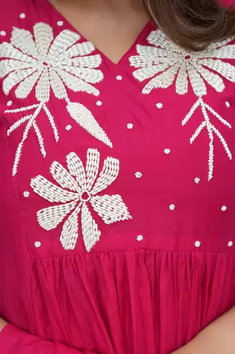 pink roman fabric handwork kurti set with pant & dupatta