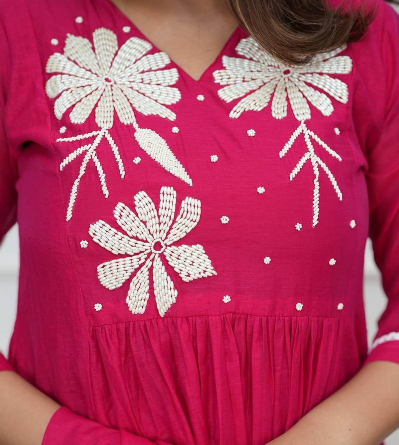 pink roman fabric handwork kurti set with pant & dupatta