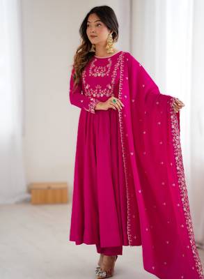 dark pink new roman chanderi silk fully flared anarkali suit set with dupatta & pant 1