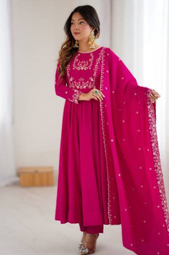 dark pink new roman chanderi silk fully flared anarkali suit set with dupatta & pant