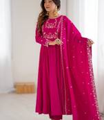 dark pink new roman chanderi silk fully flared anarkali suit set with dupatta & pant