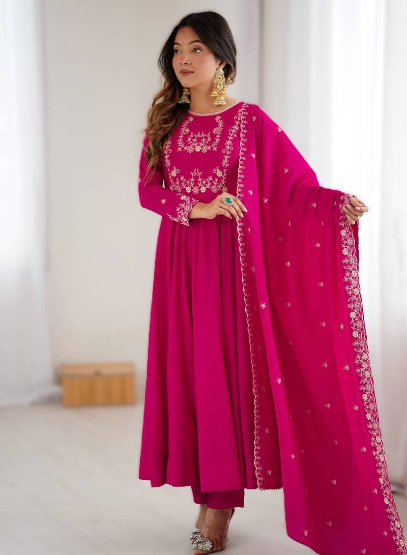 dark pink new roman chanderi silk fully flared anarkali suit set with dupatta & pant