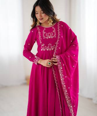 dark pink new roman chanderi silk fully flared anarkali suit set with dupatta & pant 3