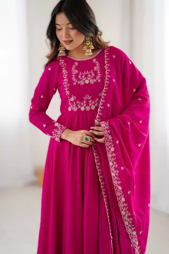 dark pink new roman chanderi silk fully flared anarkali suit set with dupatta & pant