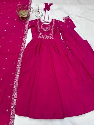 dark pink new roman chanderi silk fully flared anarkali suit set with dupatta & pant 4