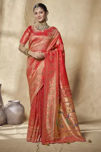 red bridal silk blend saree wih jharkans with blouse fabric