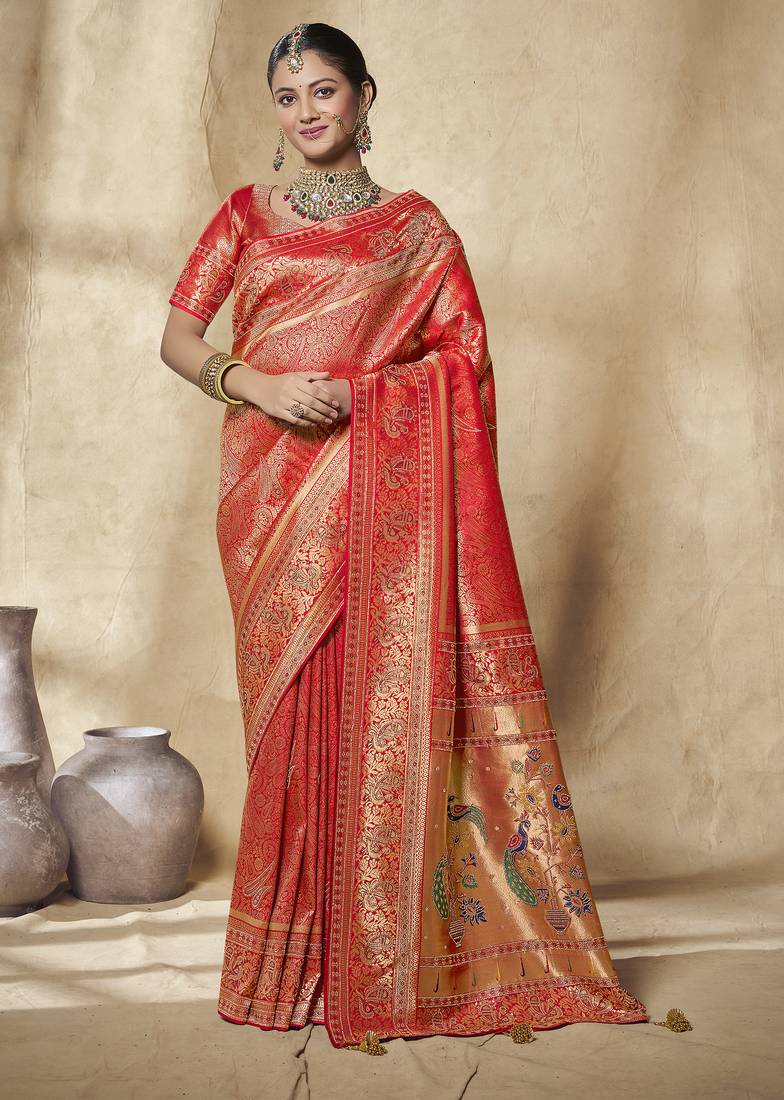 red bridal silk blend saree wih jharkans with blouse fabric