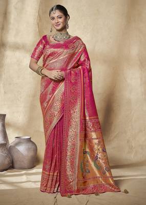 rani pink bridal silk blend saree wih jharkans with blouse fabric 1