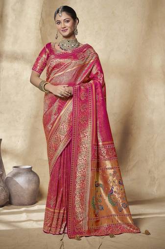 rani pink bridal silk blend saree wih jharkans with blouse fabric