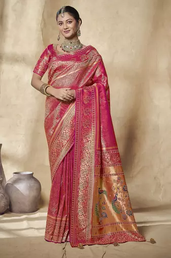 rani pink bridal silk blend saree wih jharkans with blouse fabric