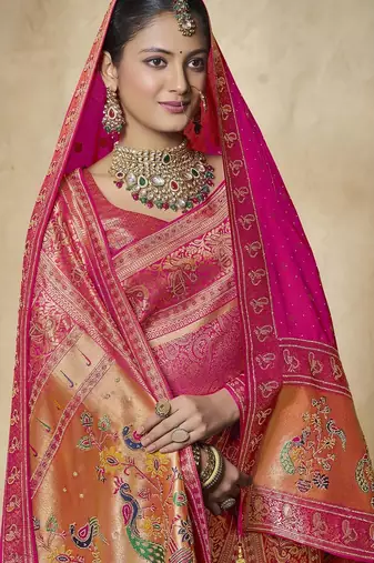 rani pink bridal silk blend saree wih jharkans with blouse fabric