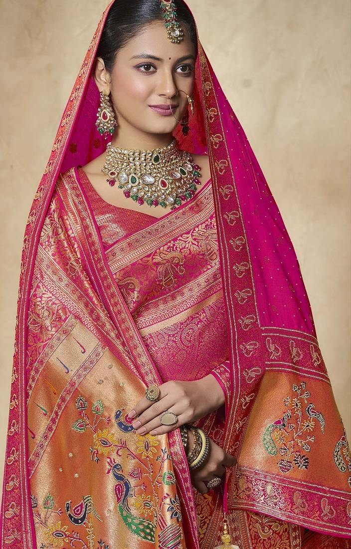 rani pink bridal silk blend saree wih jharkans with blouse fabric