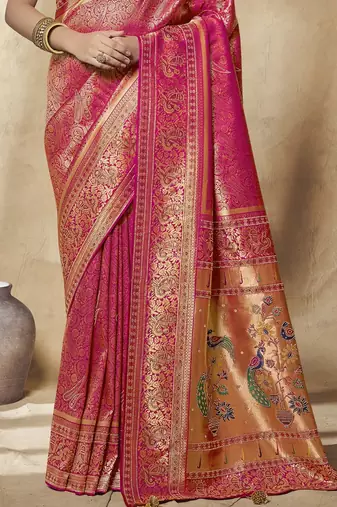 rani pink bridal silk blend saree wih jharkans with blouse fabric