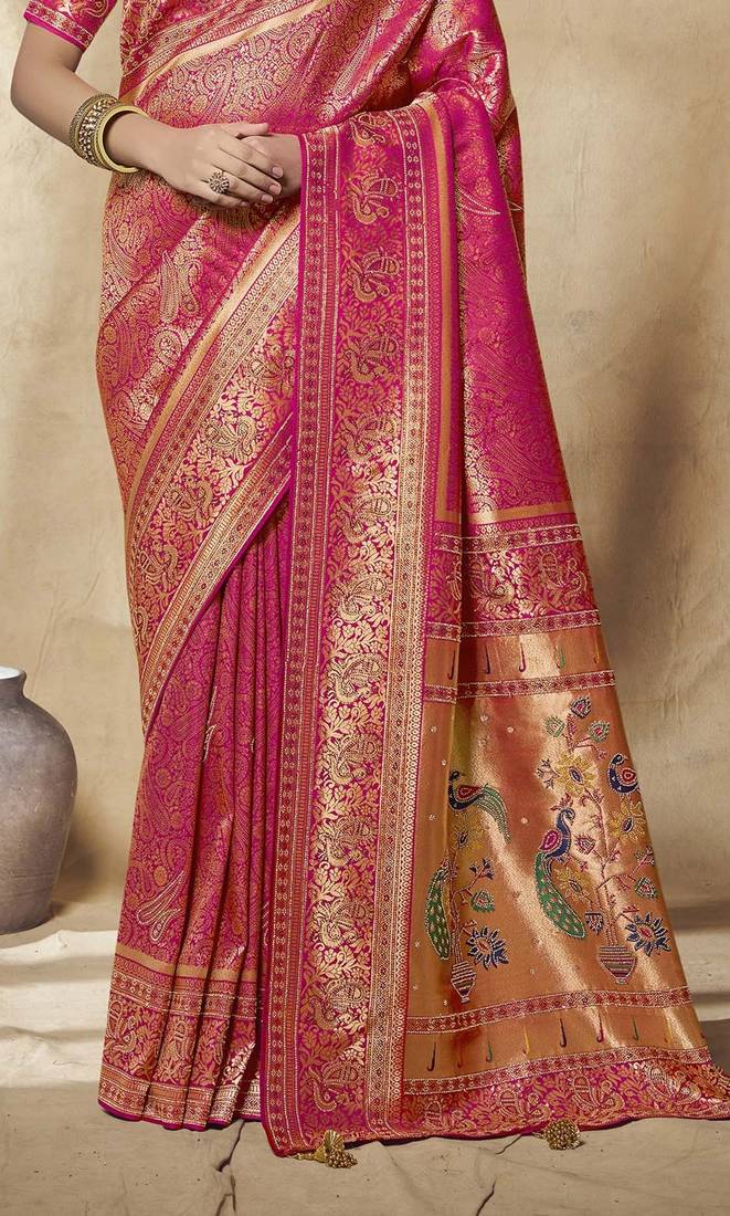 rani pink bridal silk blend saree wih jharkans with blouse fabric