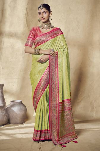 parrot bridal silk blend saree wih jharkans with blouse fabric