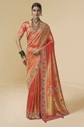 red bridal silk blend saree wih jharkans with blouse fabric