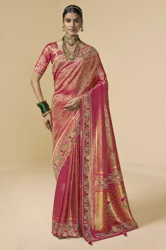 rani pink bridal silk blend saree wih jharkans with blouse fabric