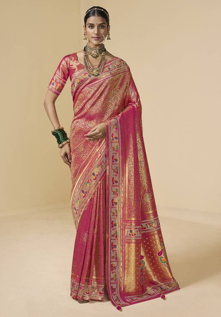 rani pink bridal silk blend saree wih jharkans with blouse fabric