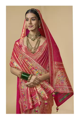 rani pink bridal silk blend saree wih jharkans with blouse fabric
