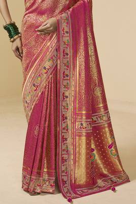 rani pink bridal silk blend saree wih jharkans with blouse fabric 3