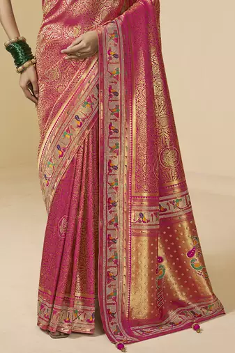 rani pink bridal silk blend saree wih jharkans with blouse fabric