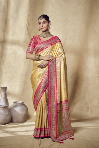 yellow  bridal silk blend saree wih jharkans with blouse fabric