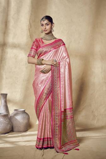 pink  bridal silk blend saree wih jharkans with blouse fabric