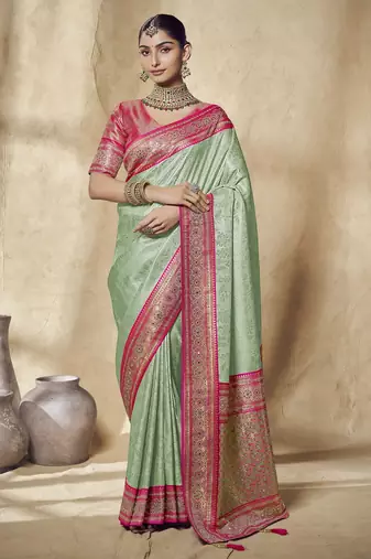 pista bridal silk blend saree wih jharkans with blouse fabric
