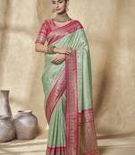 pista bridal silk blend saree wih jharkans with blouse fabric