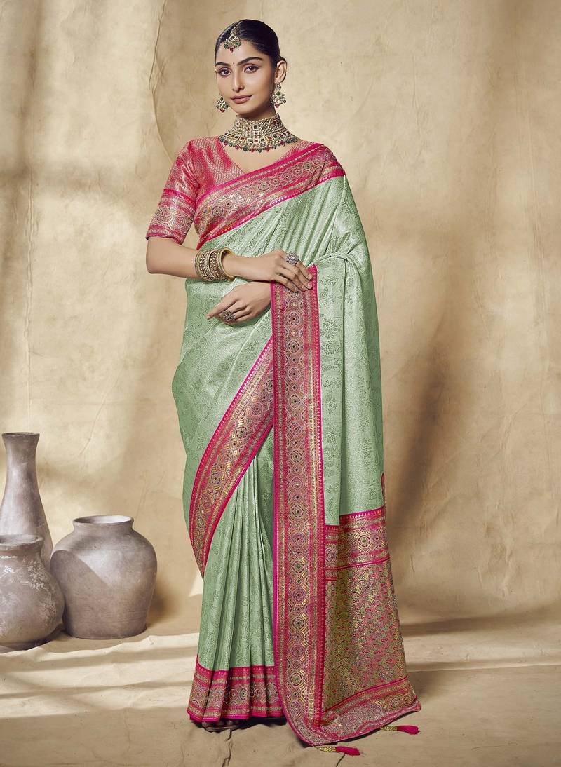 pista bridal silk blend saree wih jharkans with blouse fabric