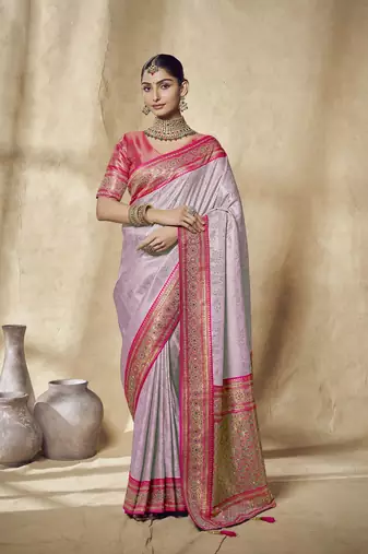 lavender bridal silk blend saree wih jharkans with blouse fabric