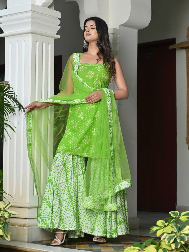 Cannabis with bandhej cotton sharara set