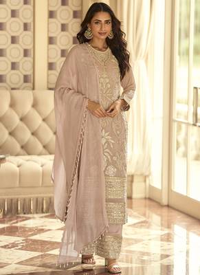 Light peach georgette embroidered beads work plazzo suit 1