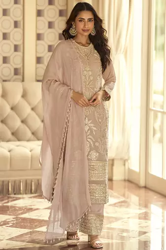 Light peach georgette embroidered beads work plazzo suit