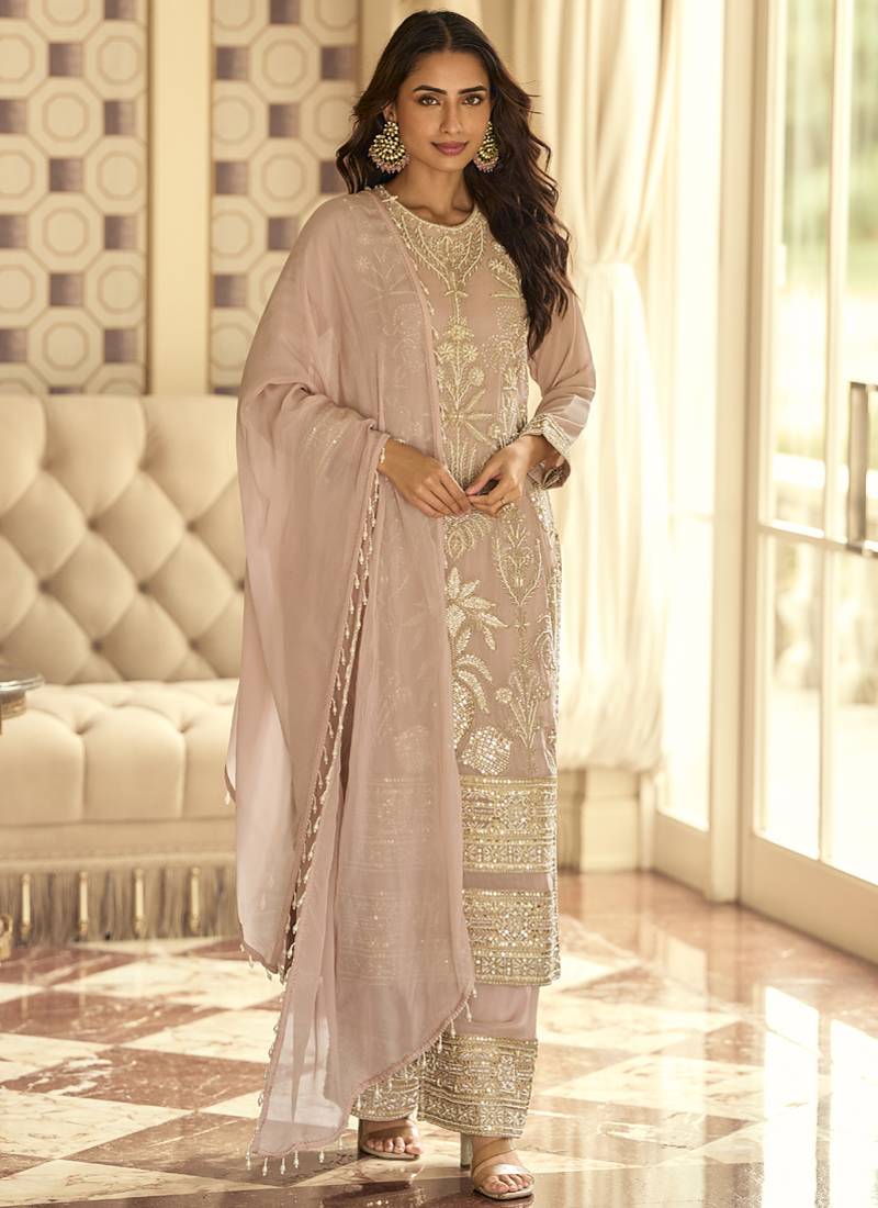 Light peach georgette embroidered beads work plazzo suit