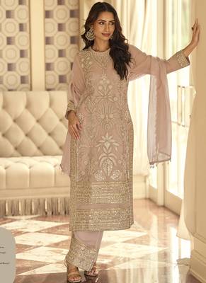 Light peach georgette embroidered beads work plazzo suit 2