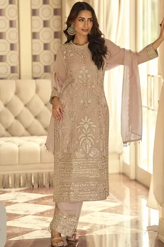 Light peach georgette embroidered beads work plazzo suit