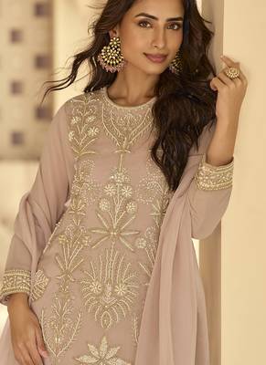 Light peach georgette embroidered beads work plazzo suit 3