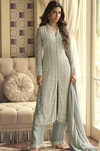 Light grey georgette embroidered beads work palazzo suit
