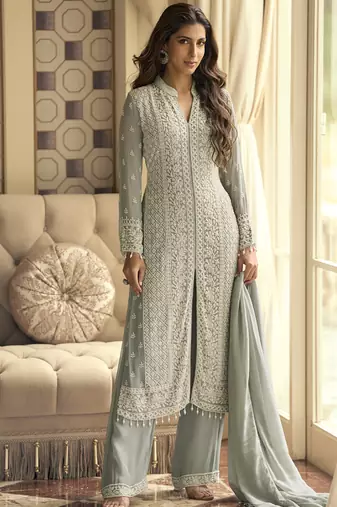 Light grey georgette embroidered beads work palazzo suit