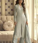 Light grey georgette embroidered beads work palazzo suit