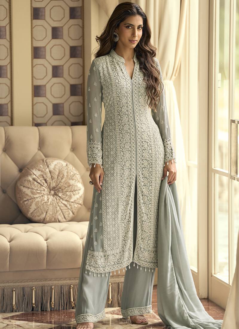 Light grey georgette embroidered beads work palazzo suit