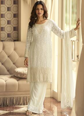 Off white georgette embroidered beads work palazzo suit 1