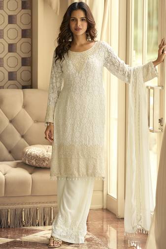 Off white georgette embroidered beads work palazzo suit