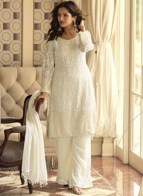 Off white georgette embroidered beads work palazzo suit 2