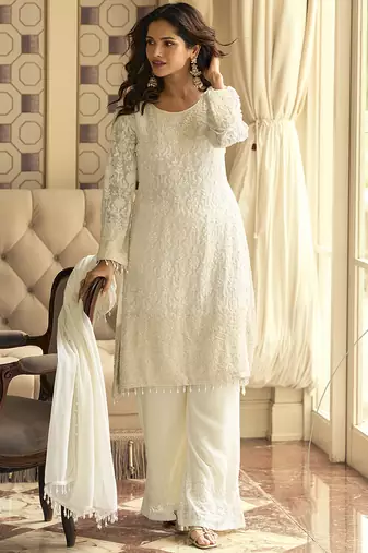 Off white georgette embroidered beads work palazzo suit