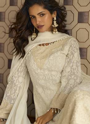Off white georgette embroidered beads work palazzo suit 3